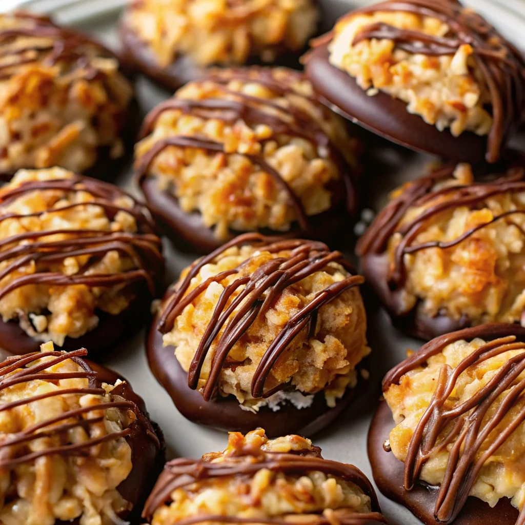 Easy no-bake samoa cookies – toasted coconut, caramel, and chocolate – a Girl Scout favorite made at home!