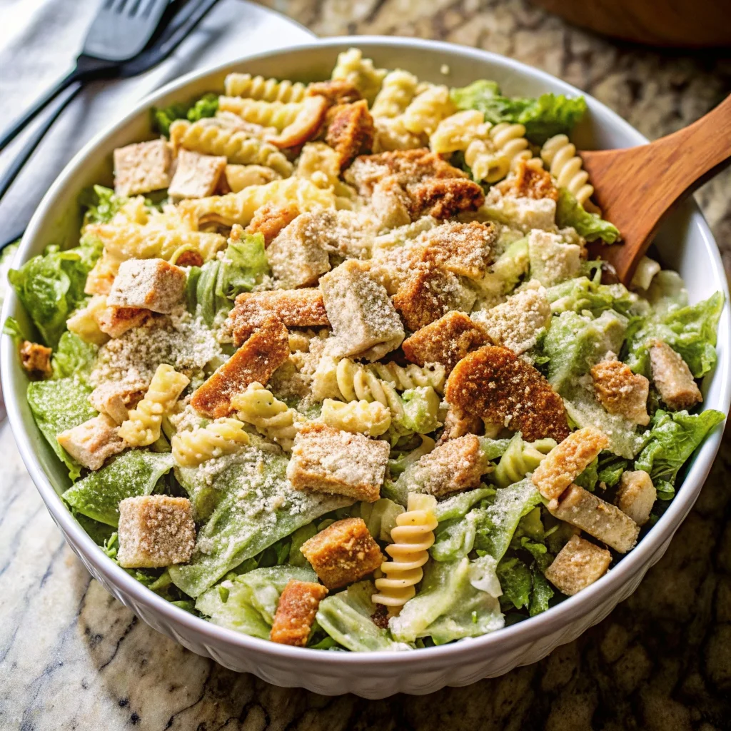 Easy chicken caesar pasta salad – creamy, crunchy, perfect for lunch or dinner