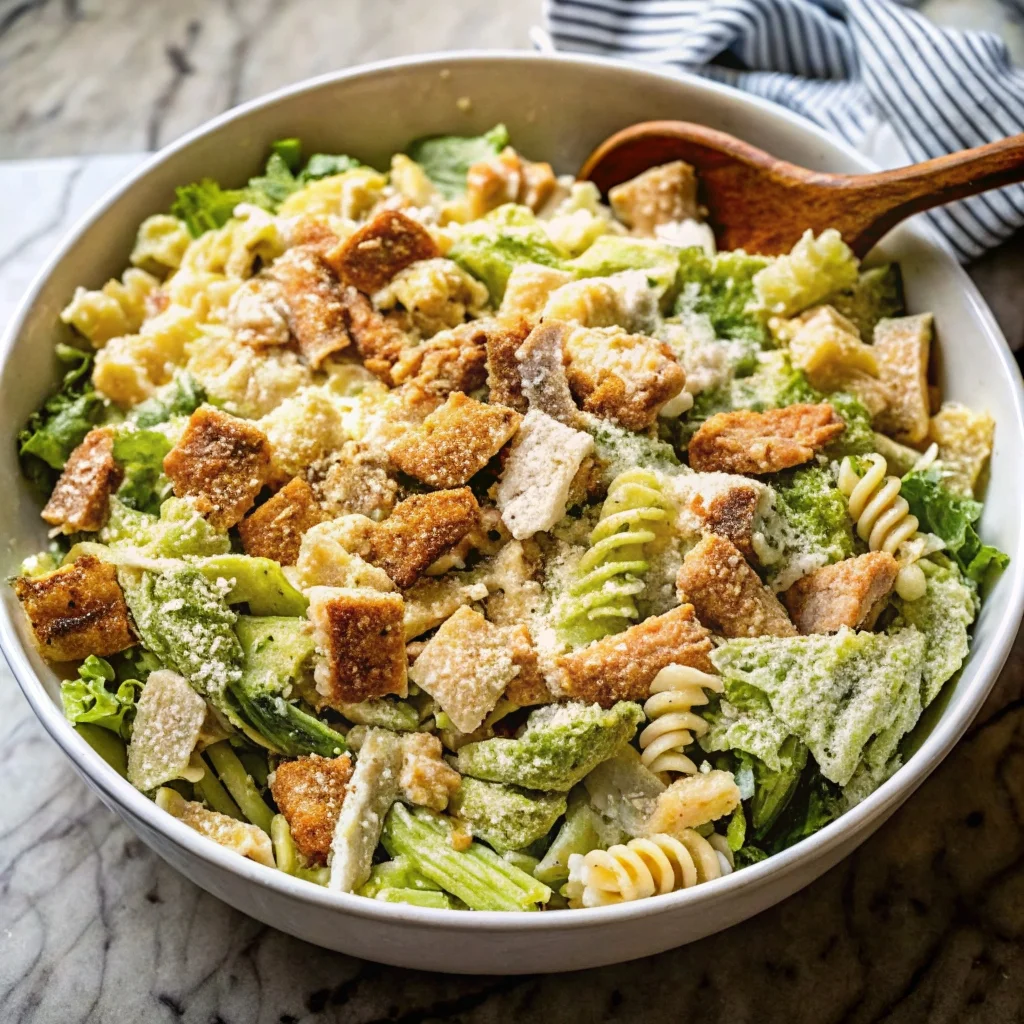 Easy chicken caesar pasta salad – creamy, crunchy, perfect for lunch or dinner
