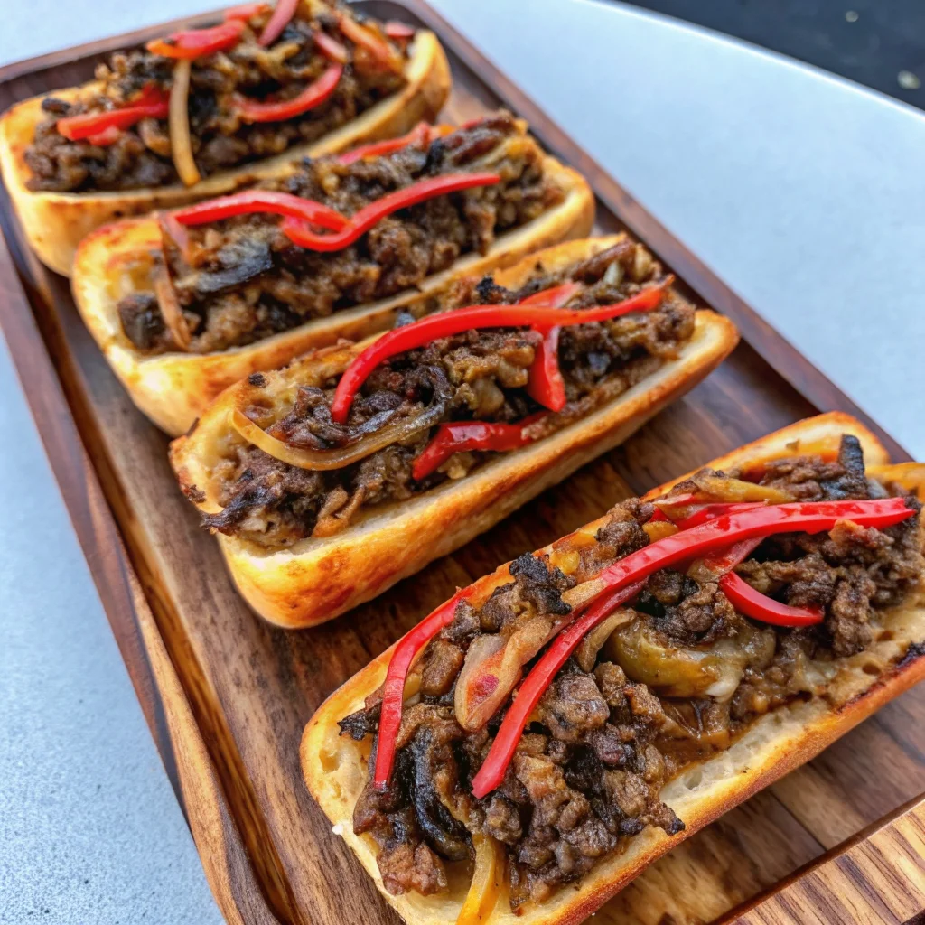 The ultimate griddled cheesesteak – shaved ribeye, caramelized onions, melted Cooper Sharp cheese on a hoagie roll