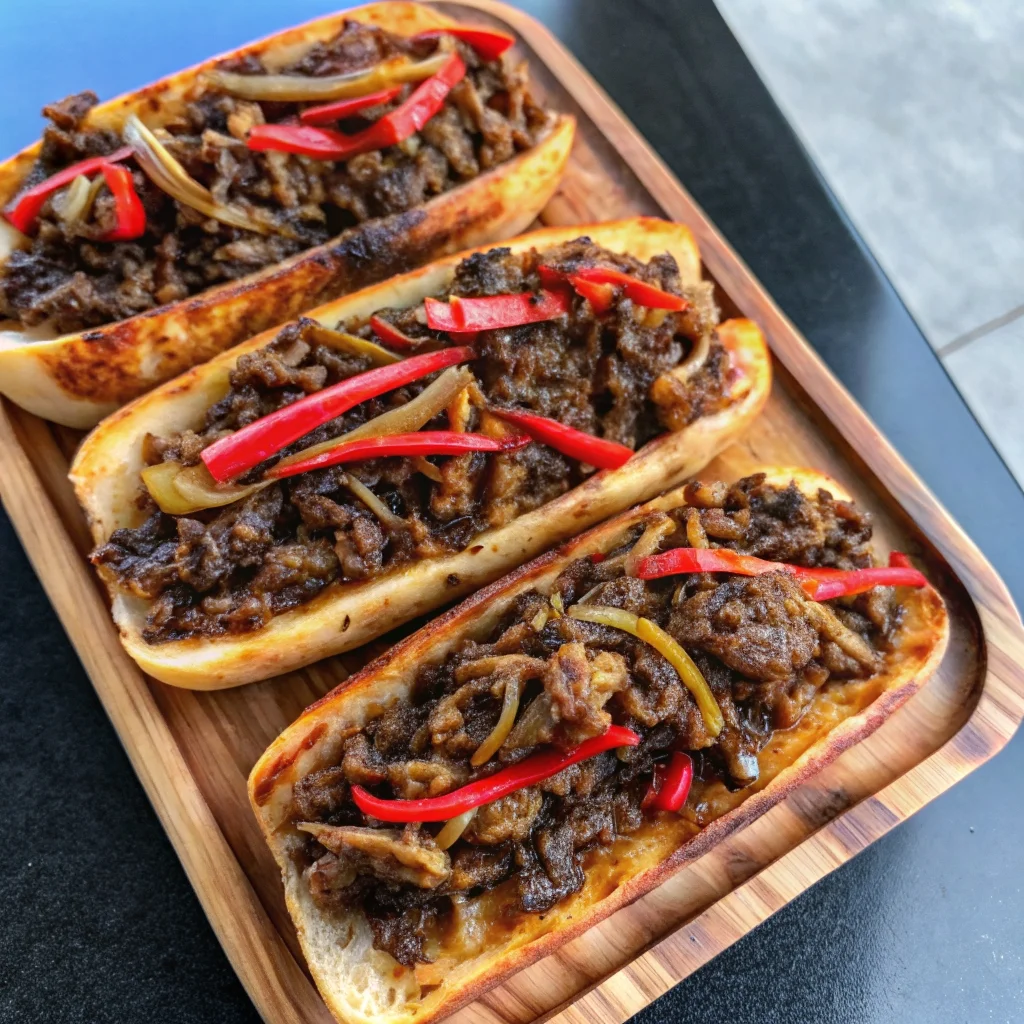 The ultimate griddled cheesesteak – shaved ribeye, caramelized onions, melted Cooper Sharp cheese on a hoagie roll
