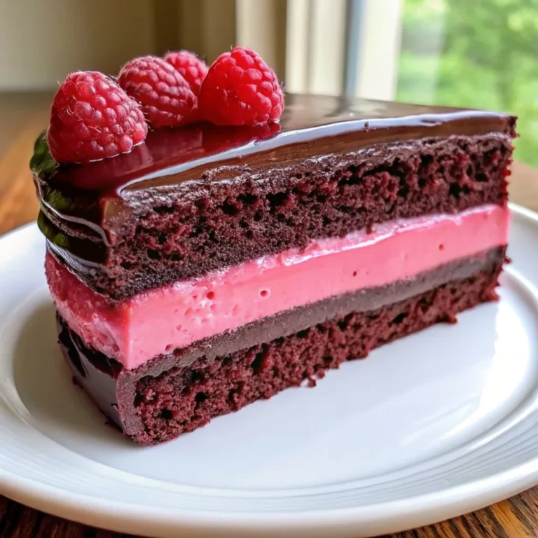 Easy dark chocolate raspberry mousse cake – rich chocolate cake layers with light raspberry mousse and ganache