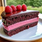 Easy dark chocolate raspberry mousse cake – rich chocolate cake layers with light raspberry mousse and ganache
