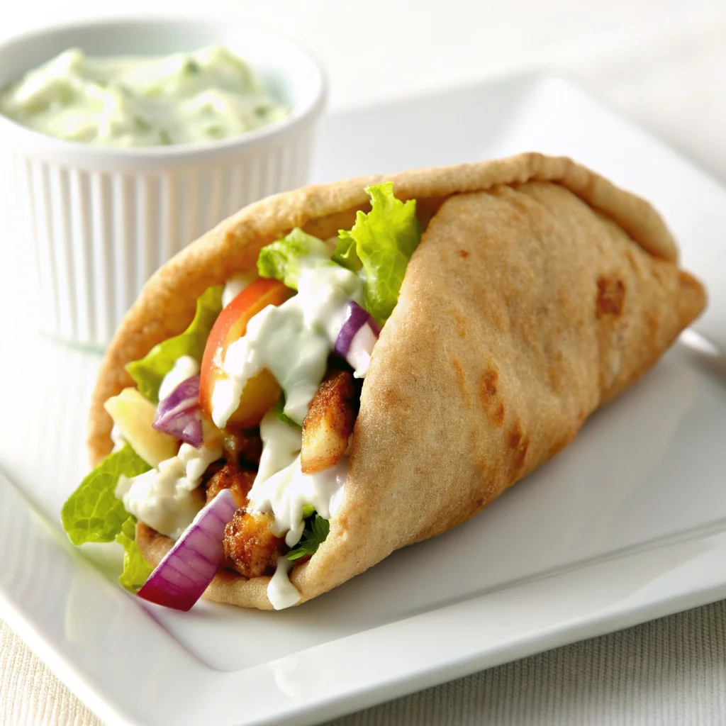 Easy greek chicken wrap with tzatziki herb yogurt sauce – juicy chicken, fresh veggies, creamy tzatziki in a whole wheat pita