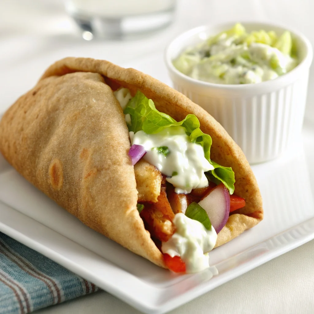 Easy greek chicken wrap with tzatziki herb yogurt sauce – juicy chicken, fresh veggies, creamy tzatziki in a whole wheat pita