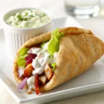 Easy greek chicken wrap with tzatziki herb yogurt sauce – juicy chicken, fresh veggies, creamy tzatziki in a whole wheat pita