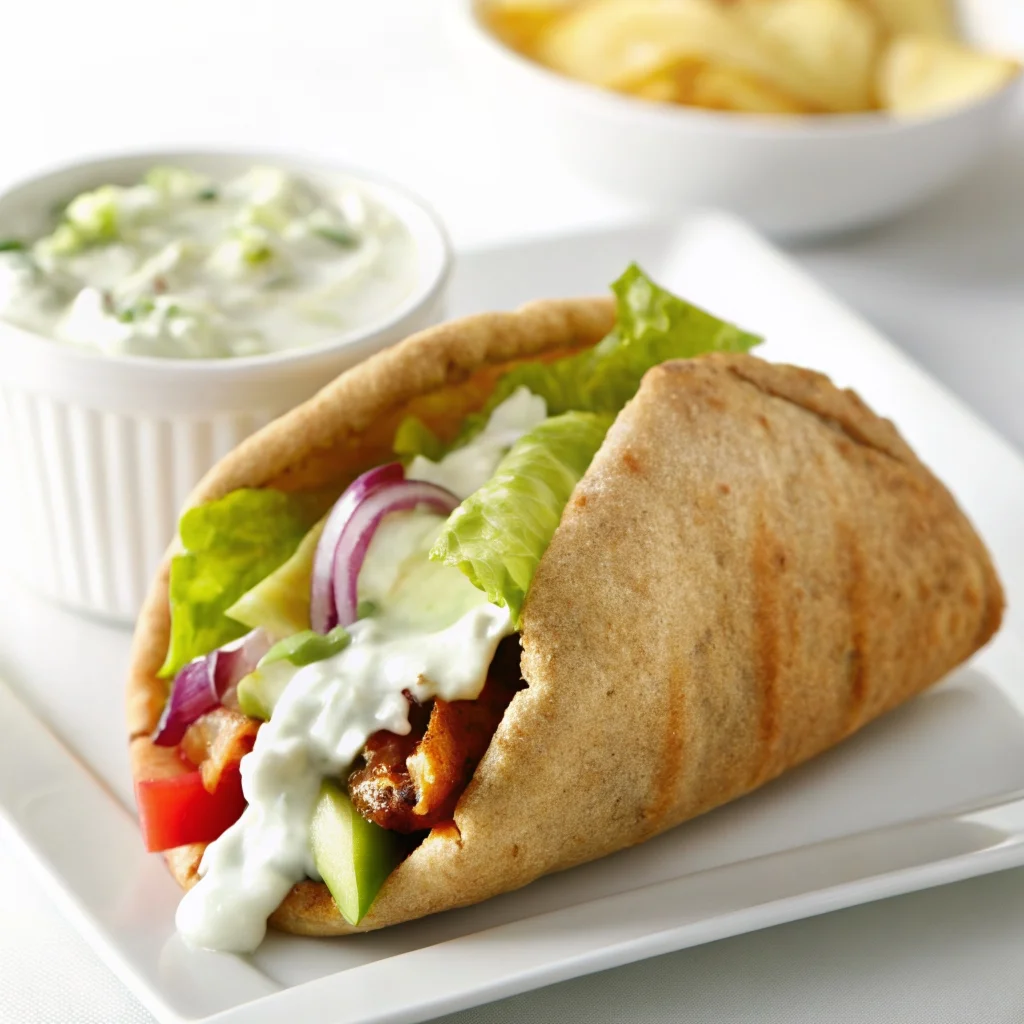 Easy greek chicken wrap with tzatziki herb yogurt sauce – juicy chicken, fresh veggies, creamy tzatziki in a whole wheat pita