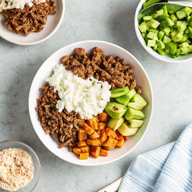 Easy hot honey sweet potato beef bowl – viral tiktok recipe with seasoned beef, roasted sweet potato, cottage cheese, and avocado