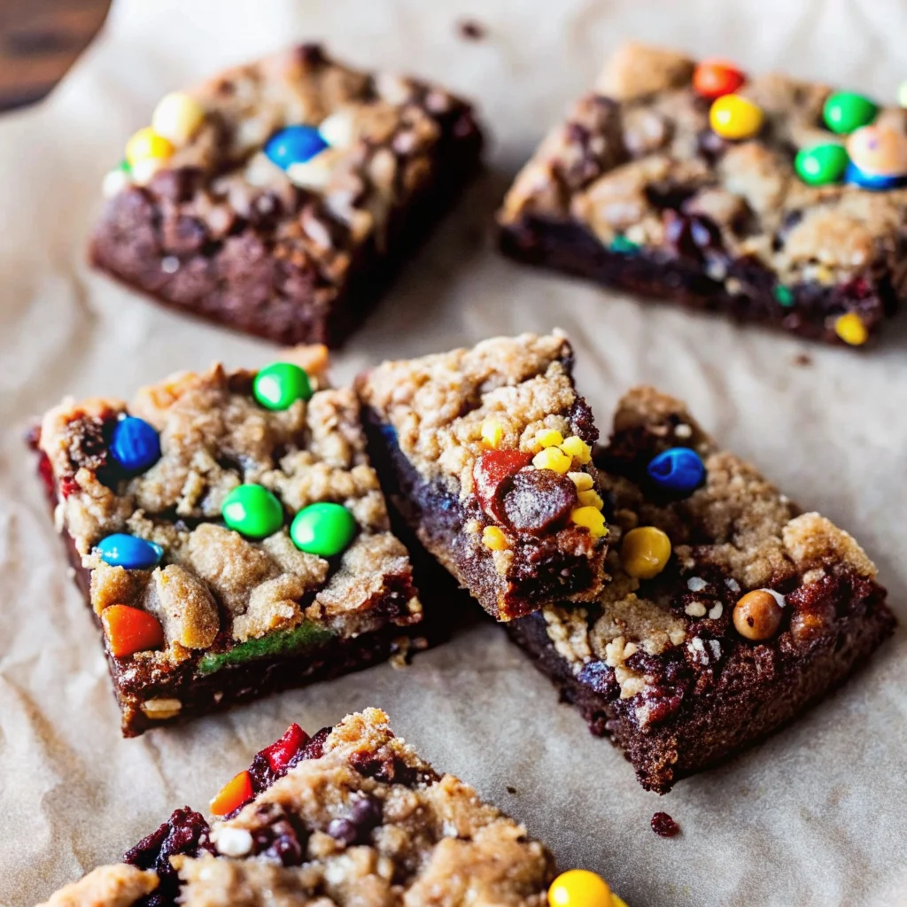 Easy monster cookie fudgy brownies – double layer brownies with fudgy chocolate base and chewy monster cookie topping