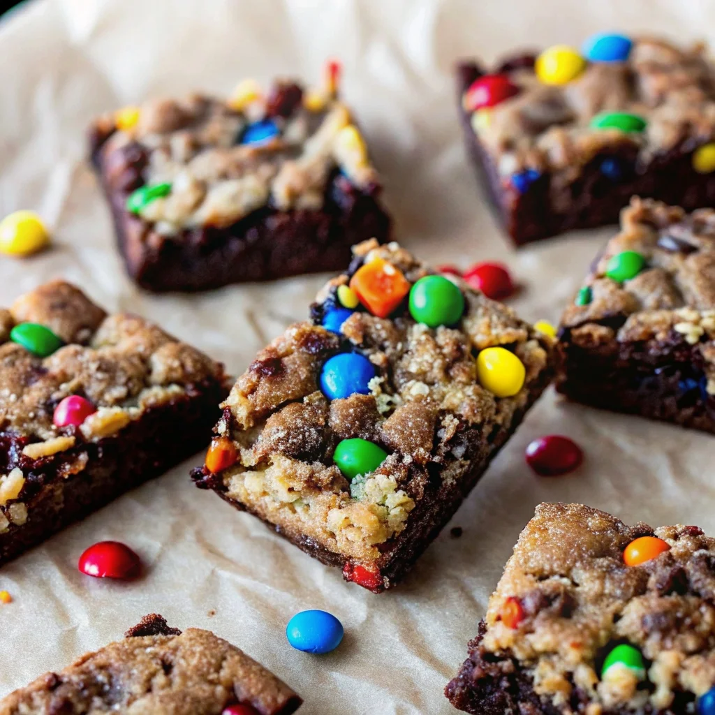 Easy monster cookie fudgy brownies – double layer brownies with fudgy chocolate base and chewy monster cookie topping