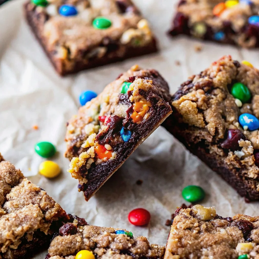 Easy monster cookie fudgy brownies – double layer brownies with fudgy chocolate base and chewy monster cookie topping