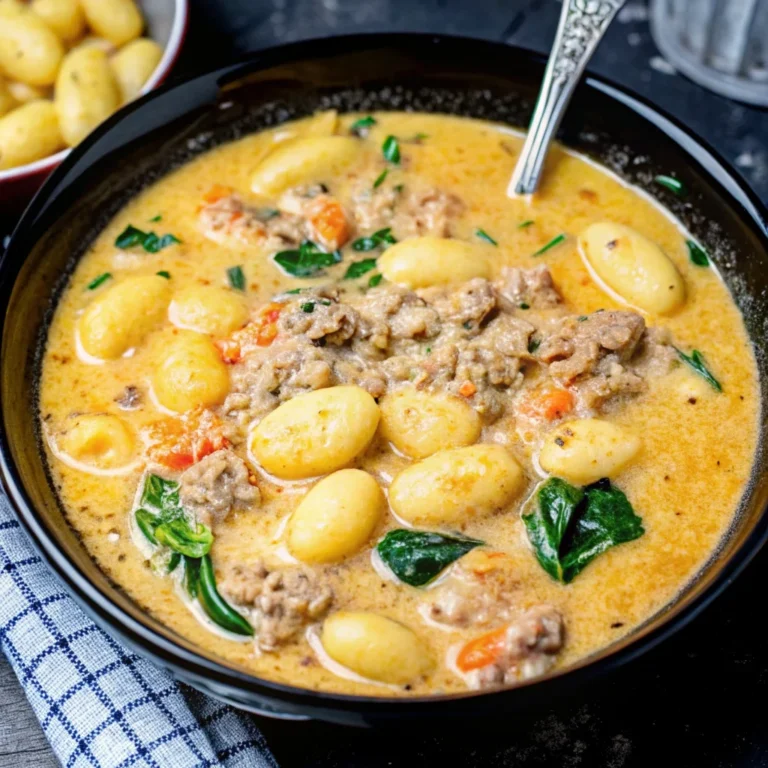 Easy creamy italian sausage gnocchi soup – rich, thick soup with gnocchi, sausage, and spinach