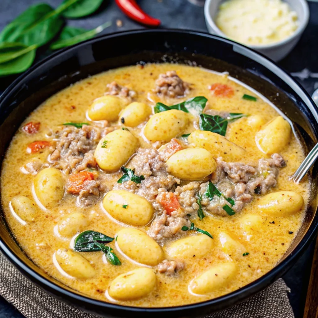 Easy creamy italian sausage gnocchi soup – rich, thick soup with gnocchi, sausage, and spinach