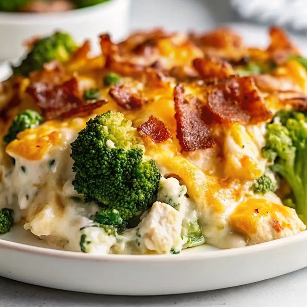 Easy creamy low carb chicken casserole with broccoli and bacon – cheesy, keto-friendly, family dinner