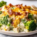 Easy creamy low carb chicken casserole with broccoli and bacon – cheesy, keto-friendly, family dinner