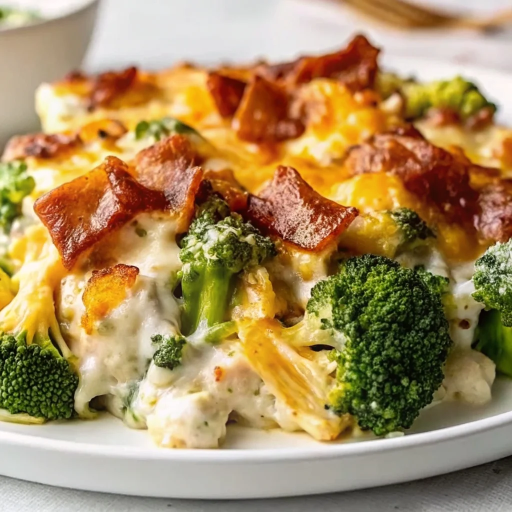 Easy creamy low carb chicken casserole with broccoli and bacon – cheesy, keto-friendly, family dinner