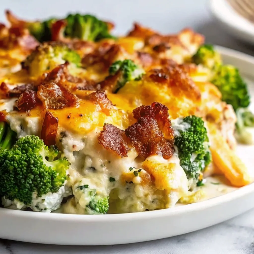 Easy creamy low carb chicken casserole with broccoli and bacon – cheesy, keto-friendly, family dinner