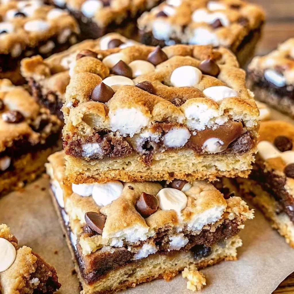 Easy s'mores cookie bars – chewy cookie bars with graham cracker crumbs, chocolate chips, and gooey marshmallows