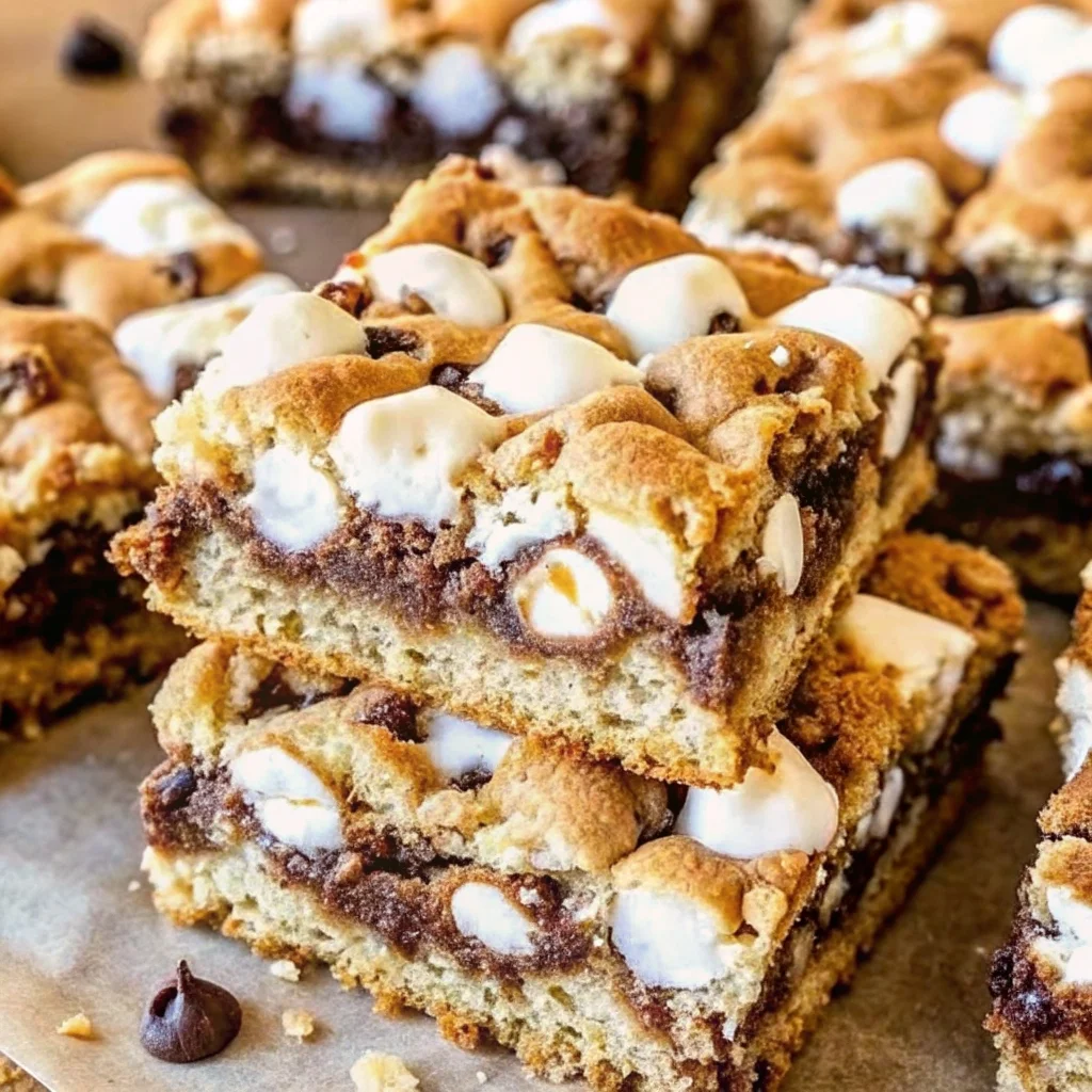 Easy s'mores cookie bars – chewy cookie bars with graham cracker crumbs, chocolate chips, and gooey marshmallows