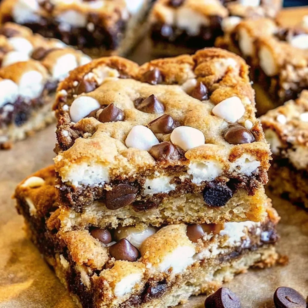 Easy s'mores cookie bars – chewy cookie bars with graham cracker crumbs, chocolate chips, and gooey marshmallows