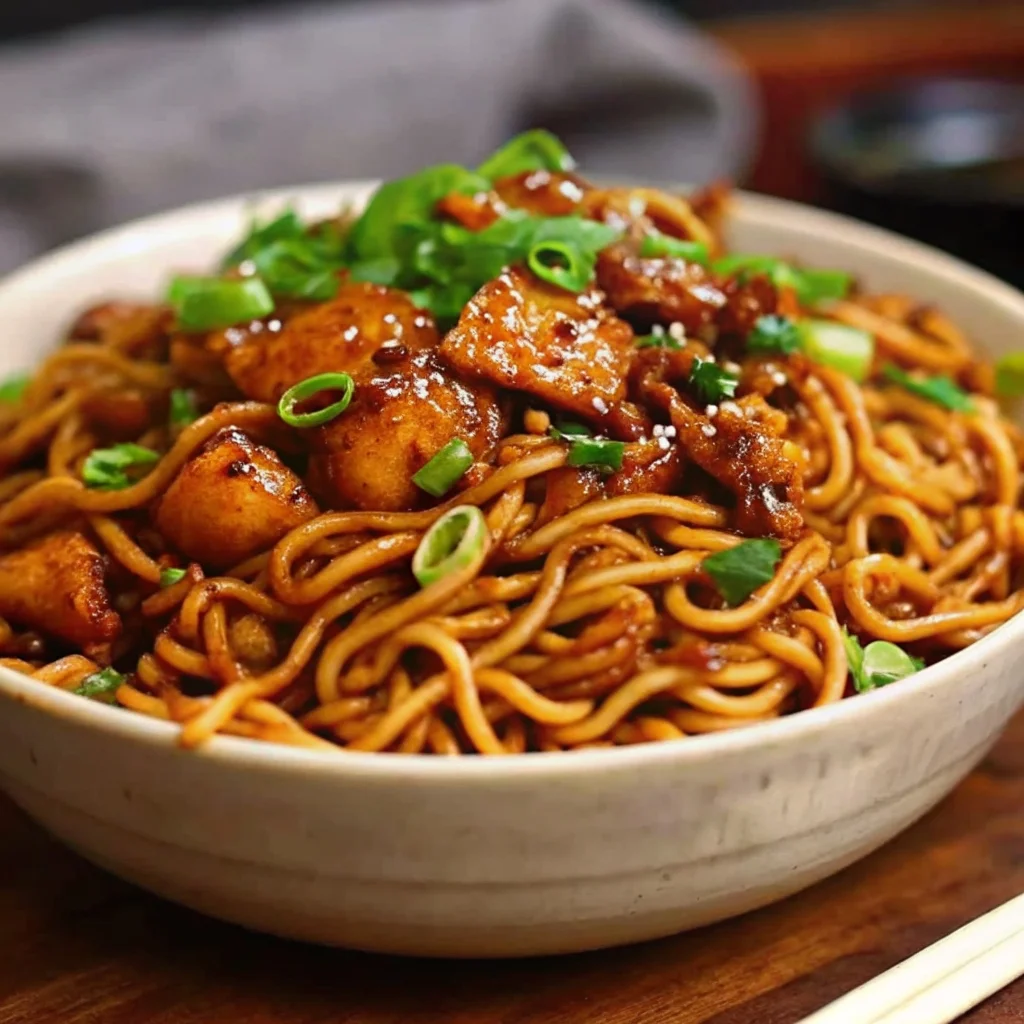 Easy sticky garlic chicken noodles – high protein, tender chicken, chewy noodles in a sweet-savory garlic sauce