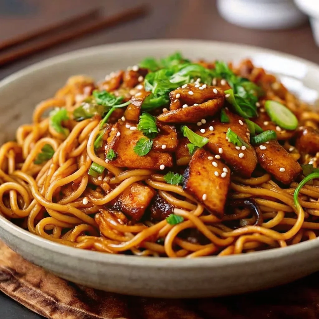 Easy sticky garlic chicken noodles – high protein, tender chicken, chewy noodles in a sweet-savory garlic sauce
