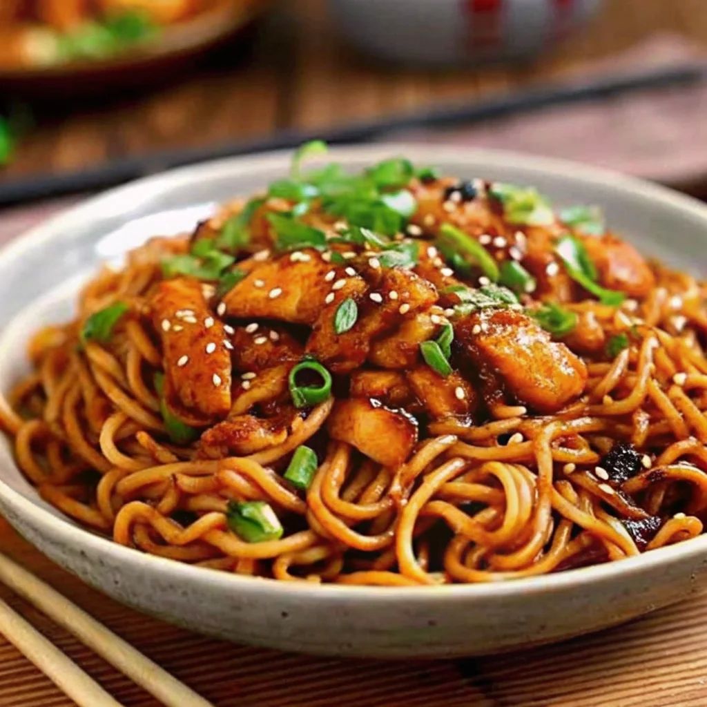 Easy sticky garlic chicken noodles – high protein, tender chicken, chewy noodles in a sweet-savory garlic sauce
