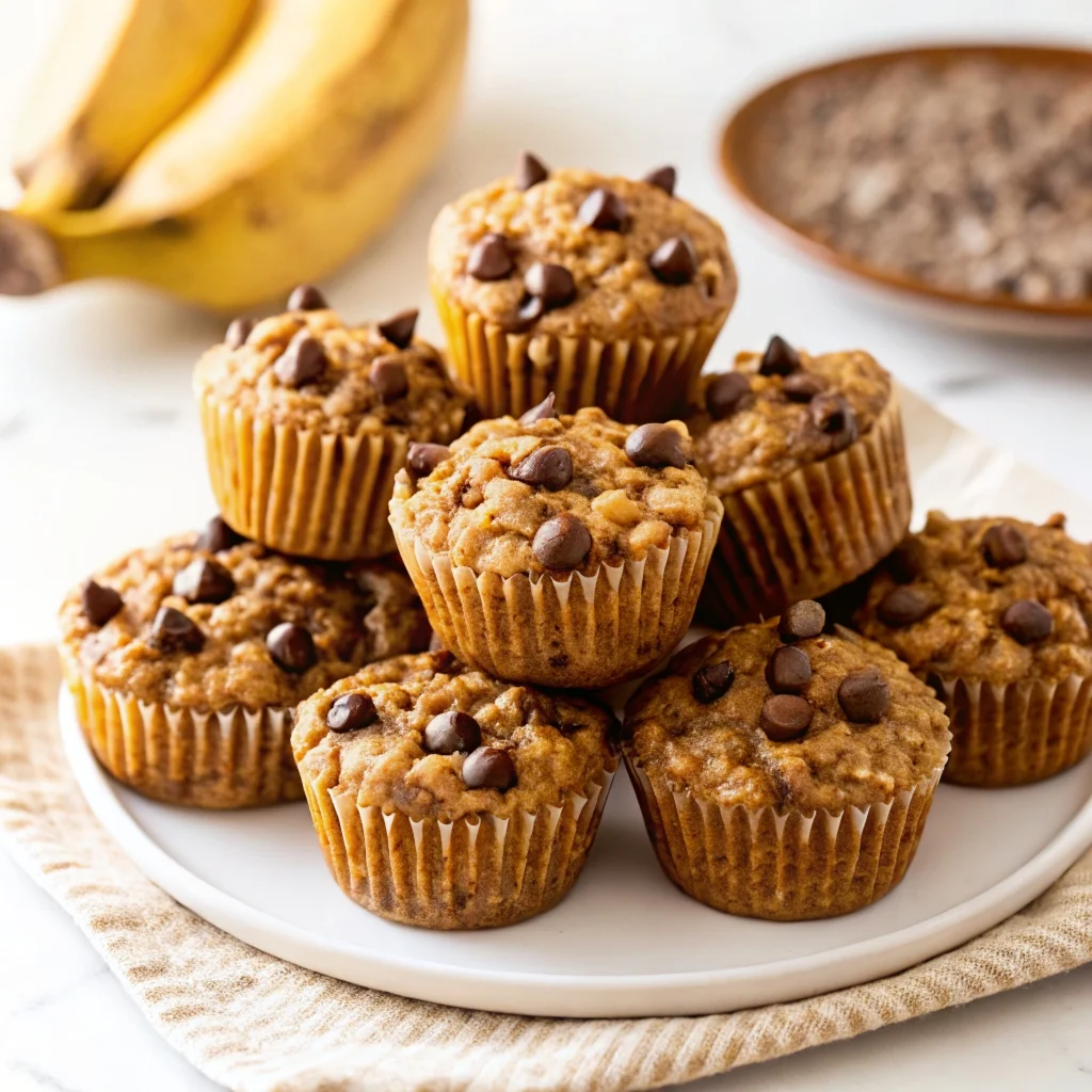 Easy healthy chocolate chip banana baked oatmeal muffins – wholesome grab-and-go breakfast with oats, banana, and chocolate chips