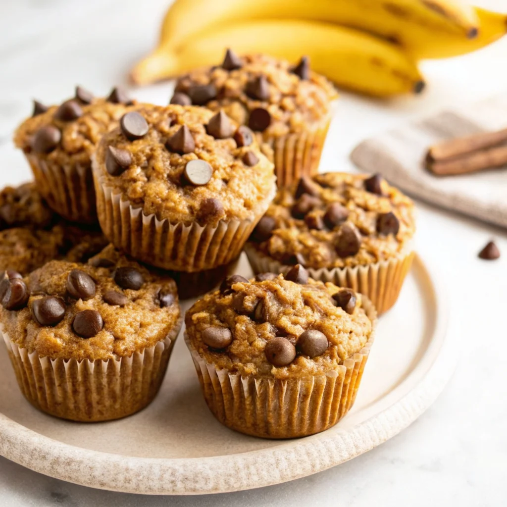 Easy healthy chocolate chip banana baked oatmeal muffins – wholesome grab-and-go breakfast with oats, banana, and chocolate chips