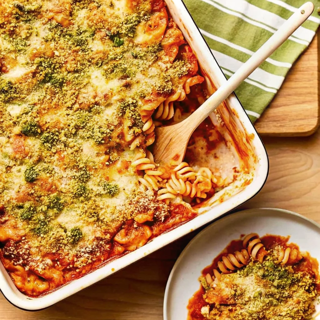 Easy chicken parmesan casserole – healthy, family-friendly, with whole-wheat pasta and crispy topping