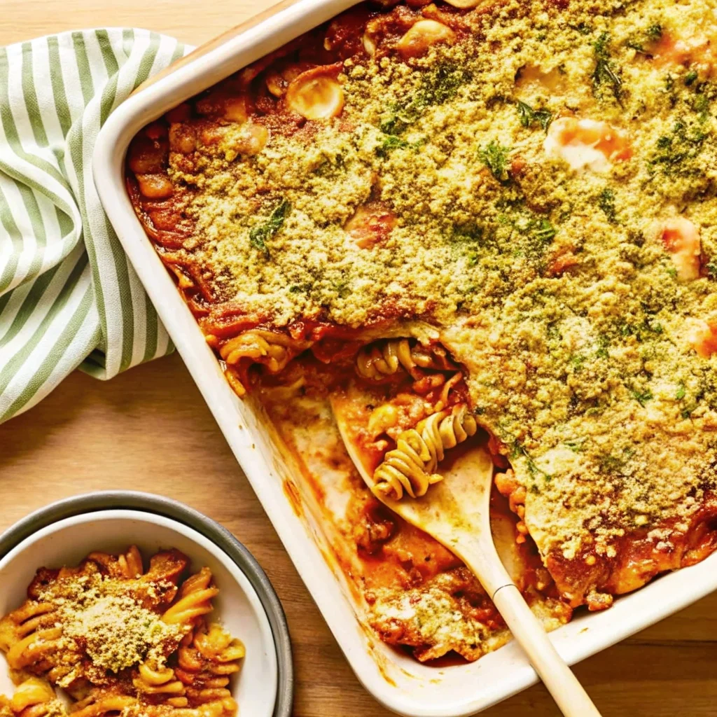 Easy chicken parmesan casserole – healthy, family-friendly, with whole-wheat pasta and crispy topping