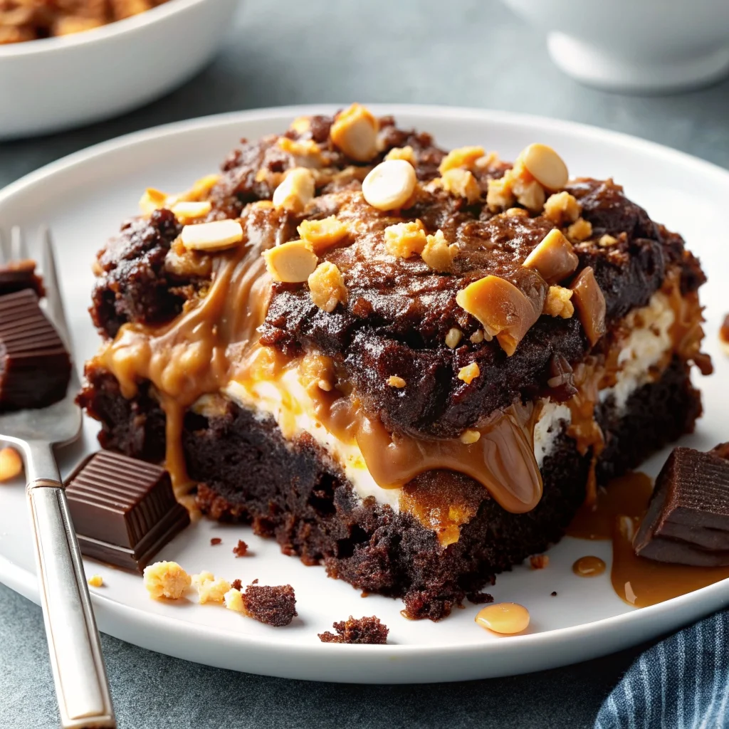 Easy chocolate peanut butter dump cake – rich, decadent cake with peanut butter cups, chocolate chips, and peanuts