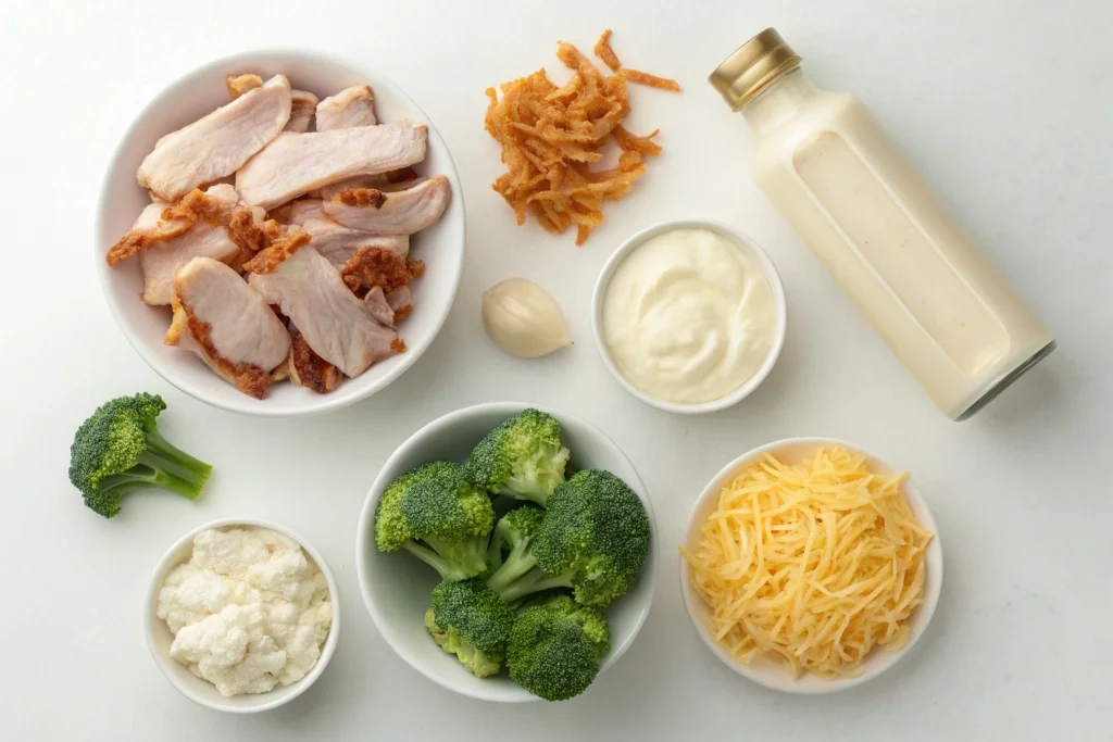 Ingredients for easy creamy low carb chicken casserole with broccoli and bacon