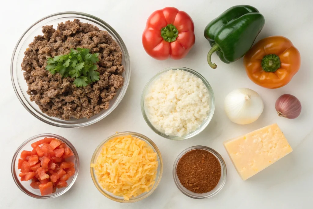 Ingredients for easy cheesy low carb taco casserole