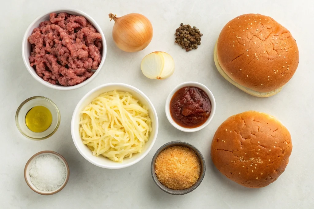 Ingredients for easy french onion beef sloppy joes