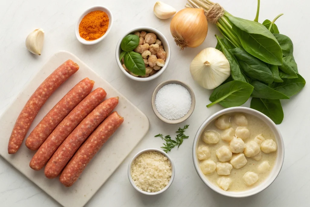 Ingredients for easy creamy italian sausage gnocchi soup