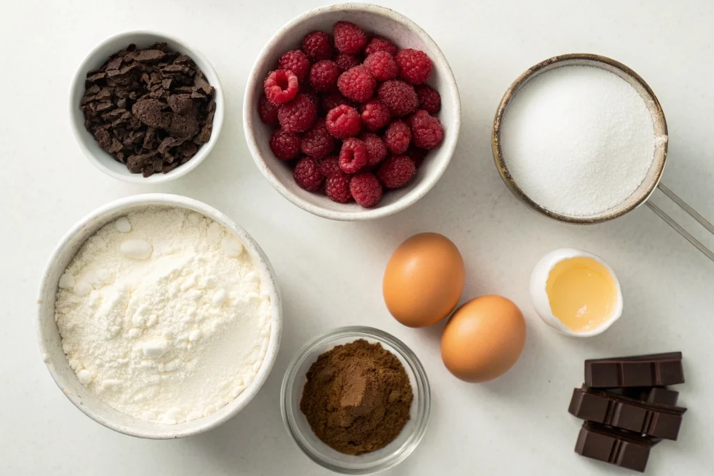 Ingredients for easy dark chocolate raspberry mousse cake