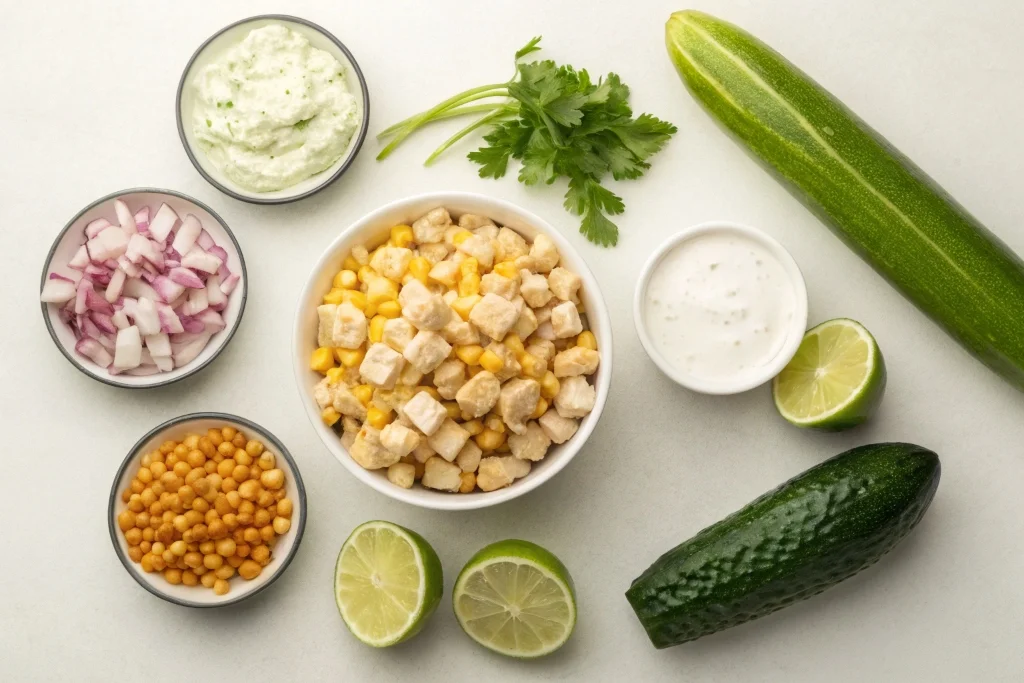 Ingredients for easy street corn creamy cucumber chicken salad