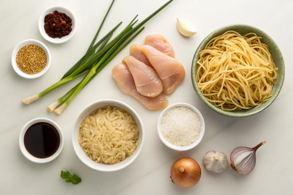 Ingredients for easy sticky garlic chicken noodles