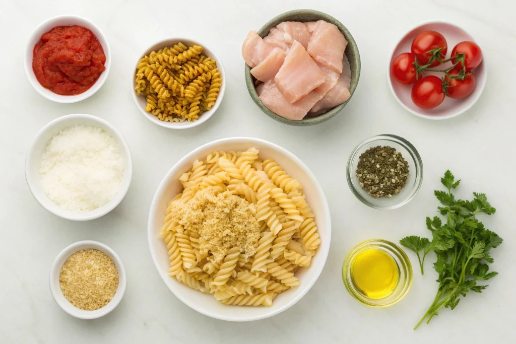 Ingredients for easy chicken parmesan casserole