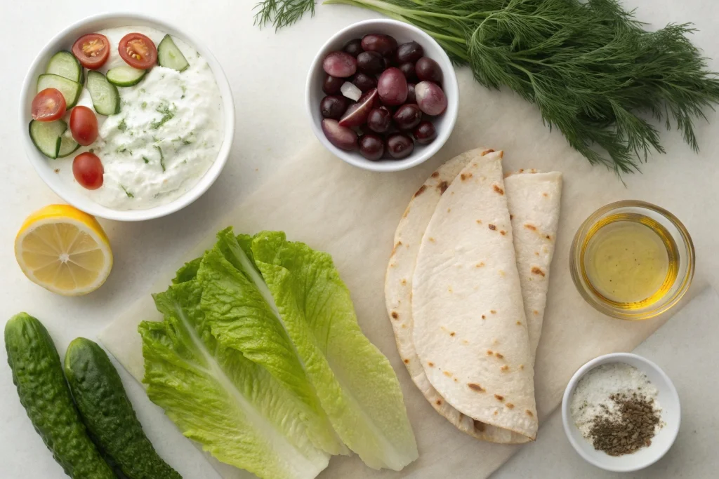 Ingredients for easy greek chicken wrap with tzatziki herb yogurt sauce