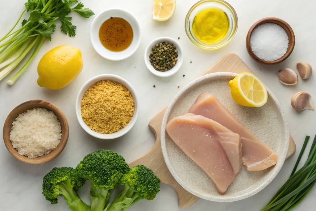 Ingredients for easy cowboy butter lemon bowtie chicken with broccoli