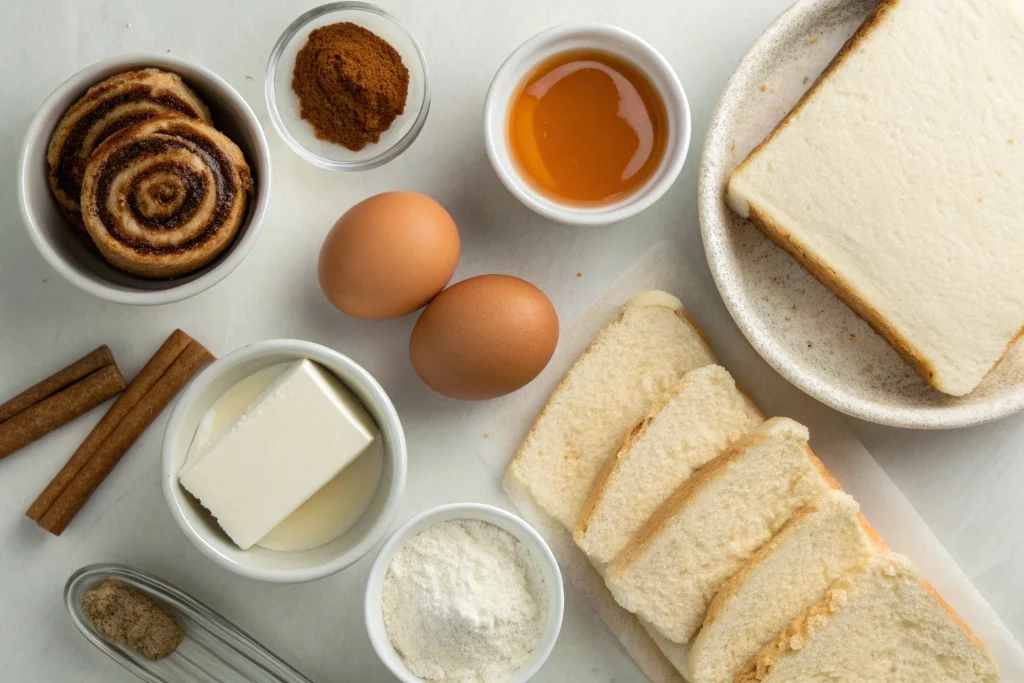 Ingredients for easy cinnamon roll french toast roll-ups