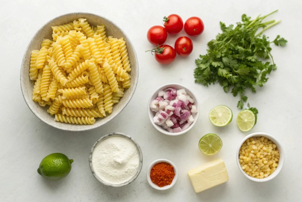 Ingredients for easy street corn pasta salad