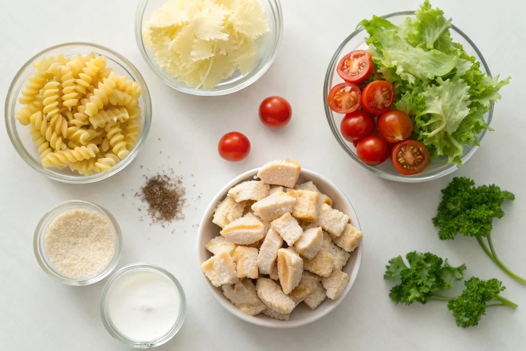 Ingredients for easy chicken caesar pasta salad