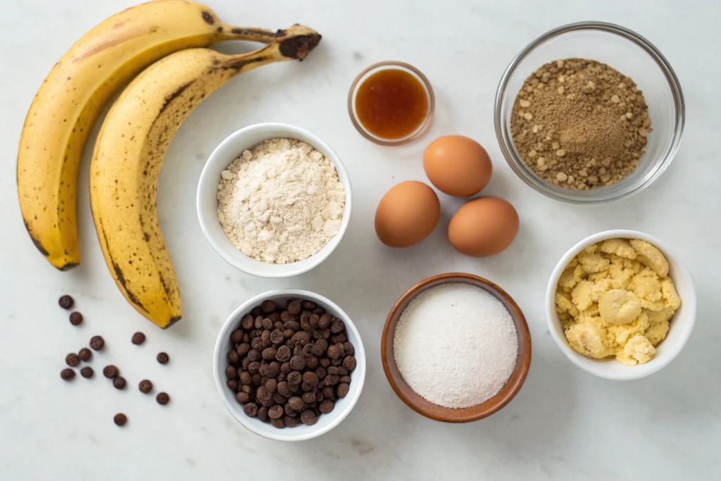 Ingredients for easy healthy chocolate chip banana baked oatmeal muffins