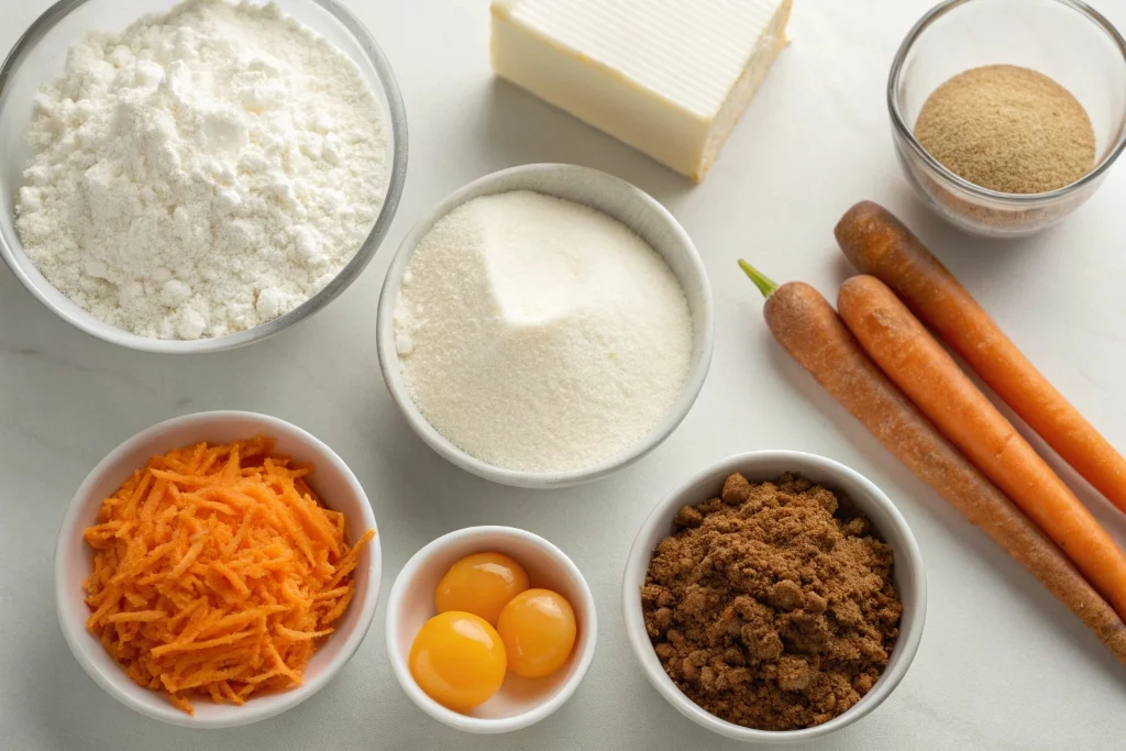 Ingredients for easy carrot cake cream cheese bars