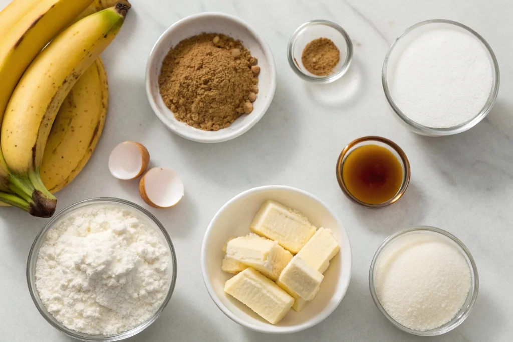 Ingredients for easy bananas foster cobbler