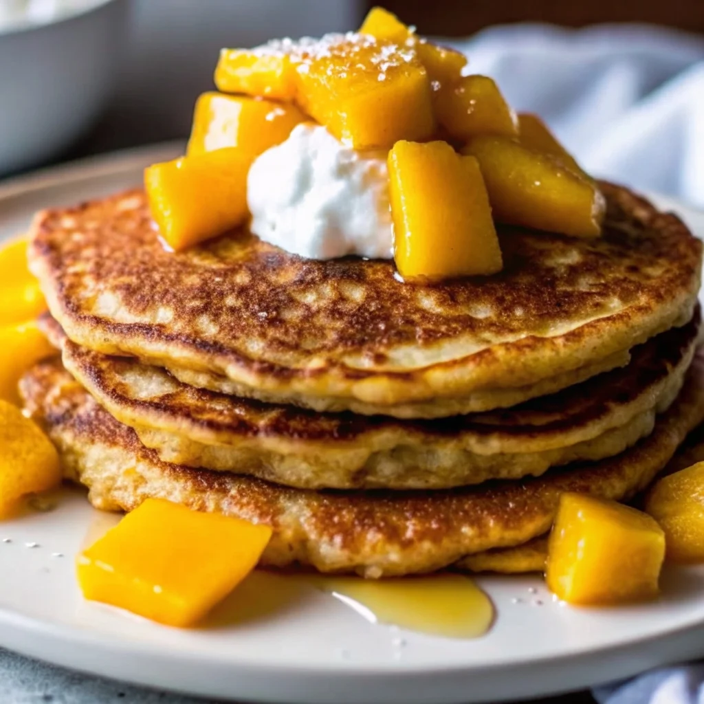 Easy mango pancakes – light, fluffy, studded with fresh mango chunks