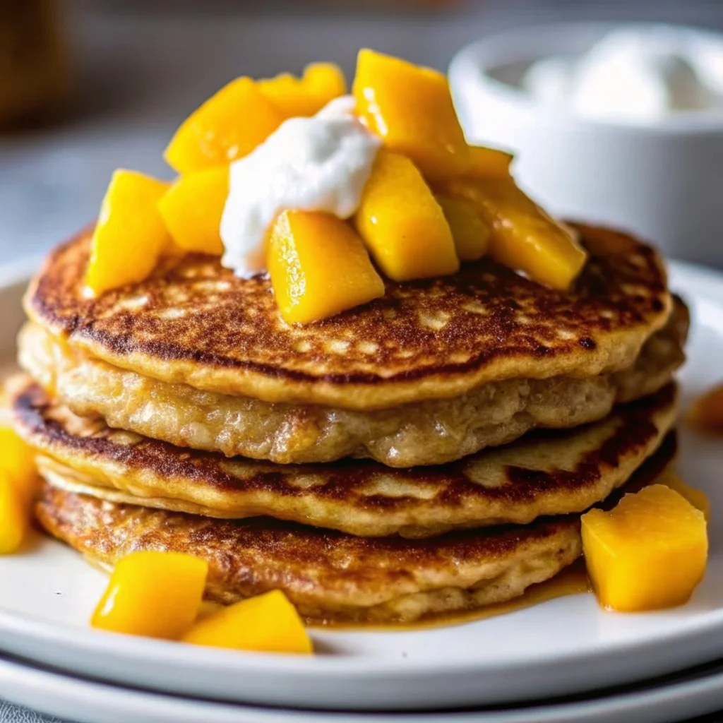 Easy mango pancakes – light, fluffy, studded with fresh mango chunks